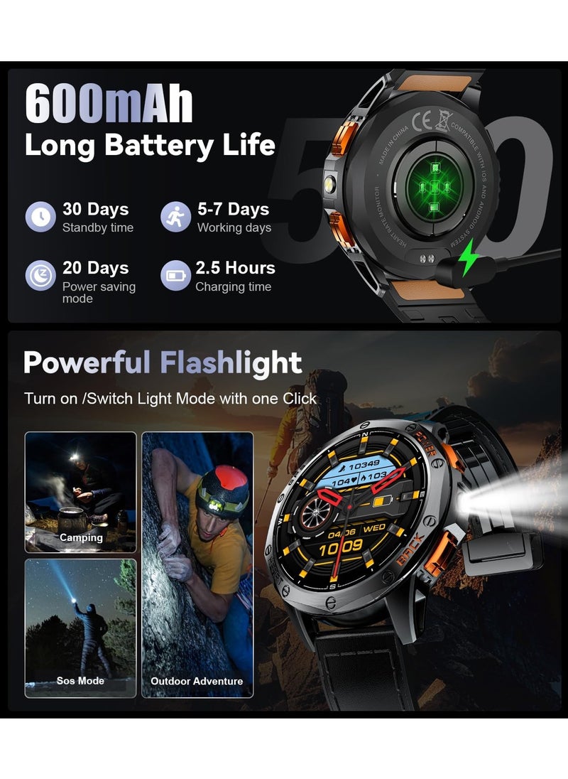 GPS Military Smart Watch for Men, LED Flashlight/Compass/45 Days Battery/IP68 Waterproof 1.43'' AMOLED Smartwatch, 100+ Sports Modes Fitness Tracker, Rugged Smart Watches for Android iOS
