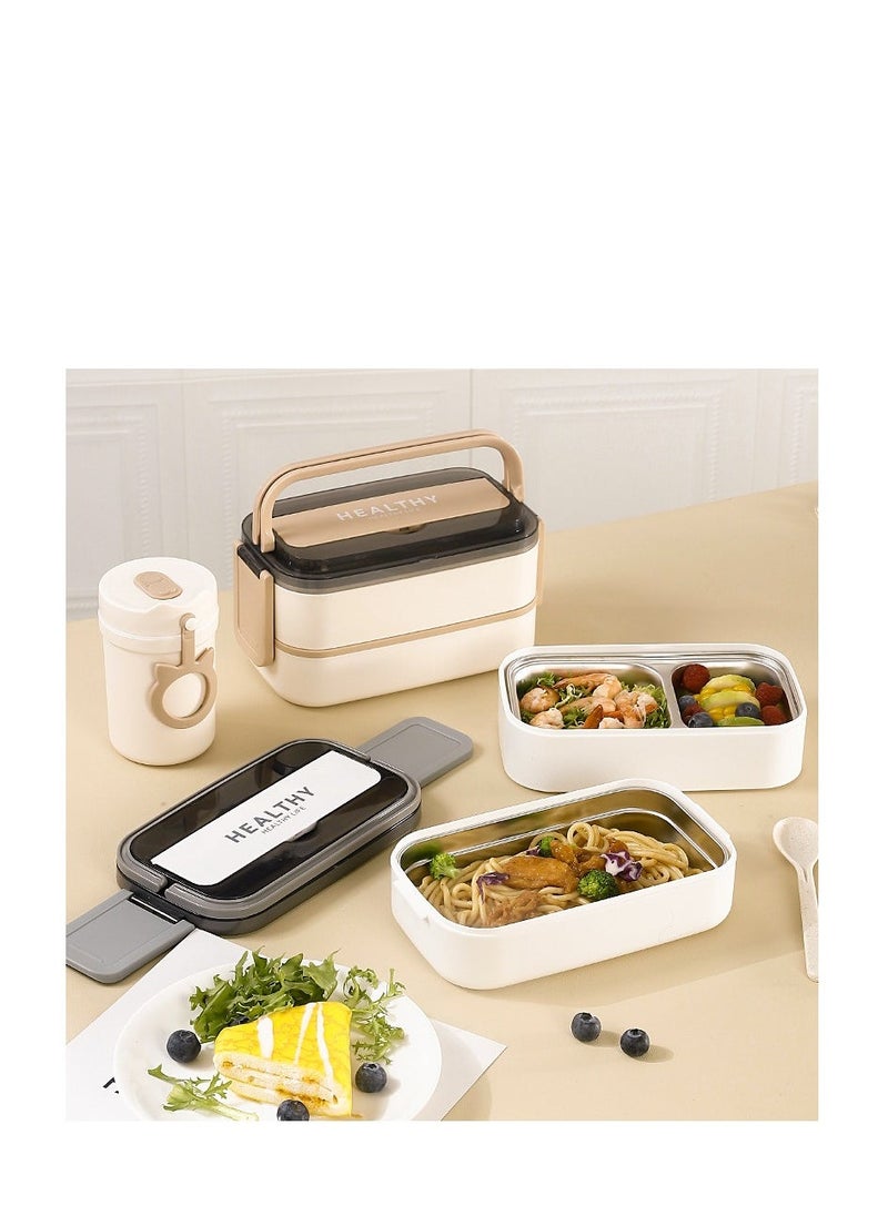 Tableware Bento Box, Microwave Oven Heating, Heat Preservation, Double-layer Plastic Lunch Box, Food Grade Portable Student Lunch Box,SUS 304,With Tableware+Insulation Bag 1400ML