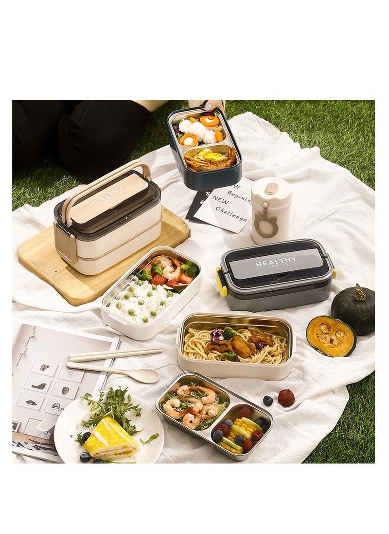 Tableware Bento Box, Microwave Oven Heating, Heat Preservation, Double-layer Plastic Lunch Box, Food Grade Portable Student Lunch Box,SUS 304,With Tableware+Insulation Bag 1400ML