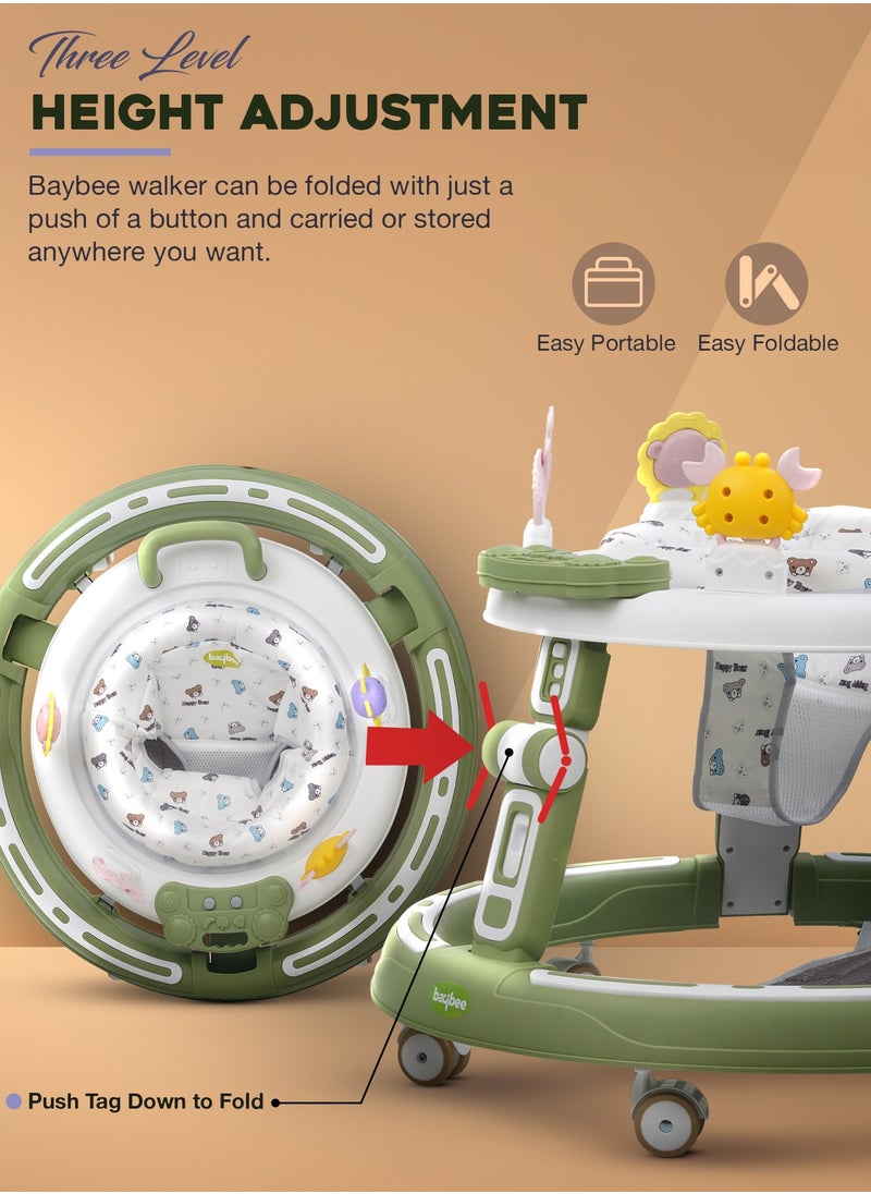 2 in1 Push Baby Walker for Kids, Round Kids Walker with Push handle, 360 Rotatable Seat, Musical Toy Bar & Footmat | Kids Activity Walker | Push Walker for Baby Boy Girl 6 to 24 Months Green