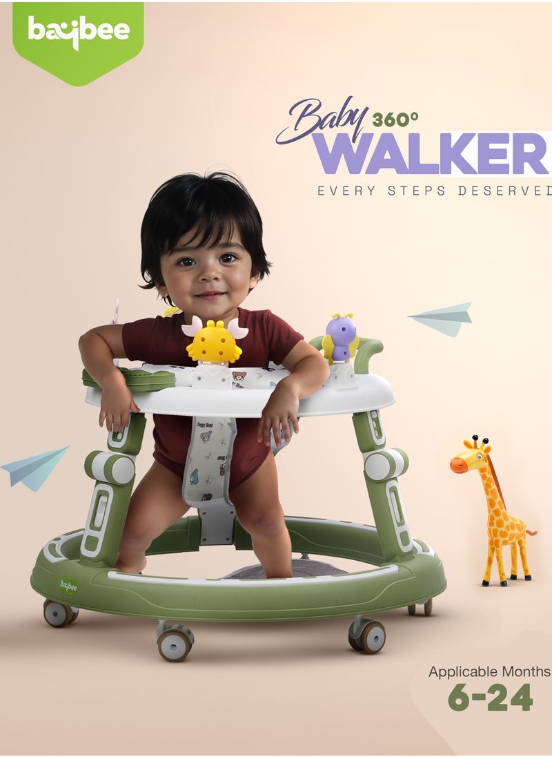 2 in1 Push Baby Walker for Kids, Round Kids Walker with Push handle, 360 Rotatable Seat, Musical Toy Bar & Footmat | Kids Activity Walker | Push Walker for Baby Boy Girl 6 to 24 Months Green