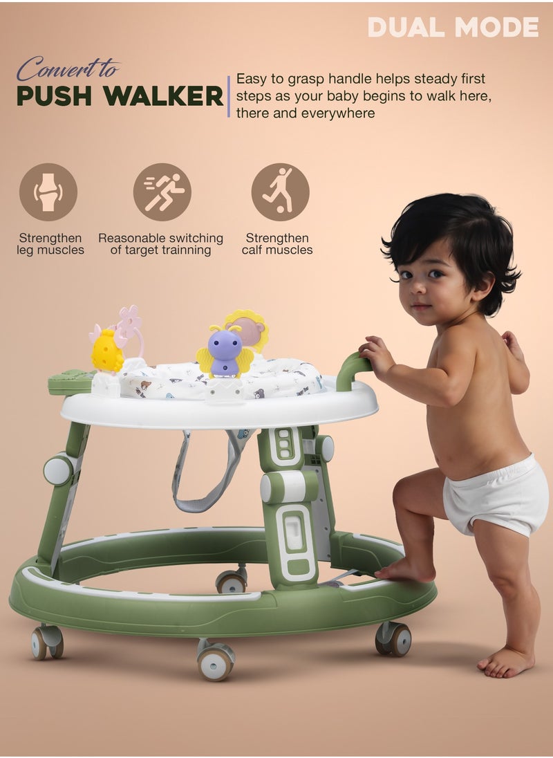 2 in1 Push Baby Walker for Kids, Round Kids Walker with Push handle, 360 Rotatable Seat, Musical Toy Bar & Footmat | Kids Activity Walker | Push Walker for Baby Boy Girl 6 to 24 Months Green