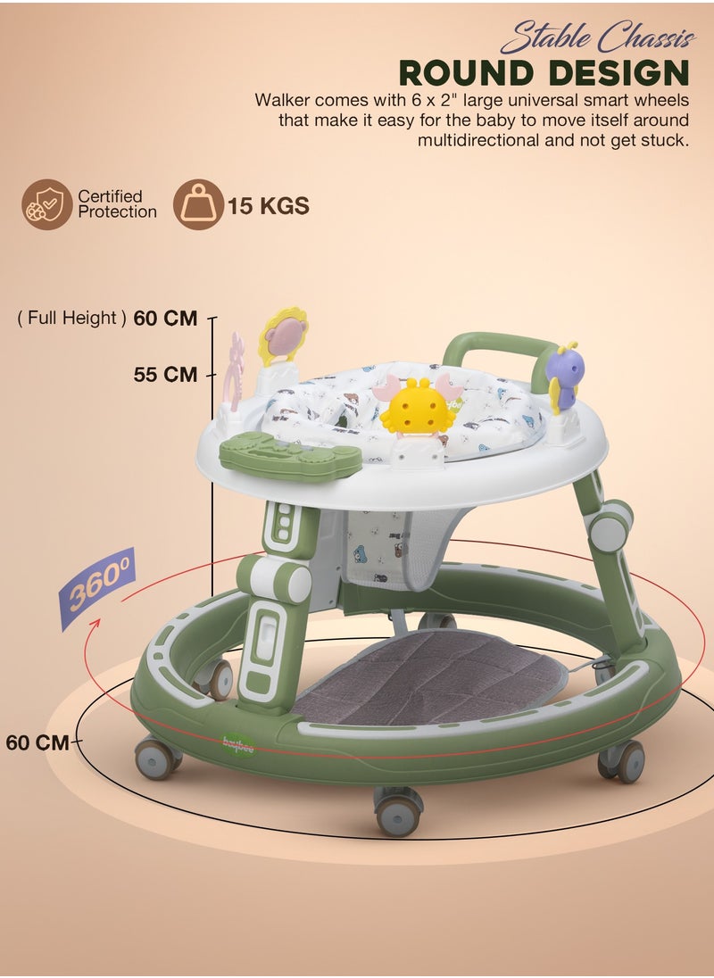 2 in1 Push Baby Walker for Kids, Round Kids Walker with Push handle, 360 Rotatable Seat, Musical Toy Bar & Footmat | Kids Activity Walker | Push Walker for Baby Boy Girl 6 to 24 Months Green