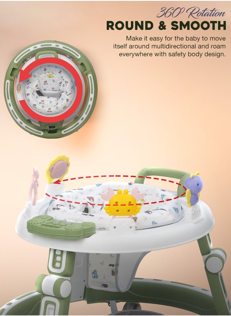 2 in1 Push Baby Walker for Kids, Round Kids Walker with Push handle, 360 Rotatable Seat, Musical Toy Bar & Footmat | Kids Activity Walker | Push Walker for Baby Boy Girl 6 to 24 Months Green