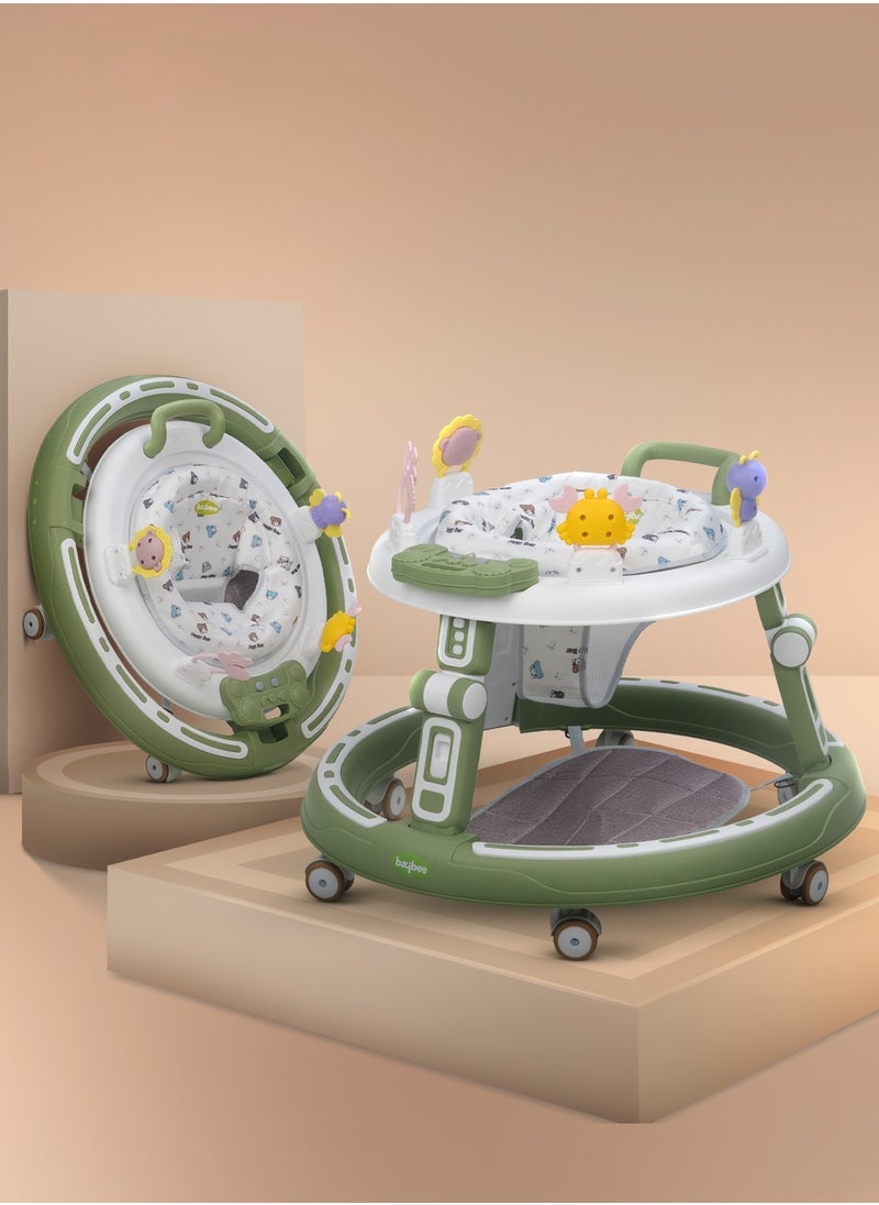 2 in1 Push Baby Walker for Kids, Round Kids Walker with Push handle, 360 Rotatable Seat, Musical Toy Bar & Footmat | Kids Activity Walker | Push Walker for Baby Boy Girl 6 to 24 Months Green