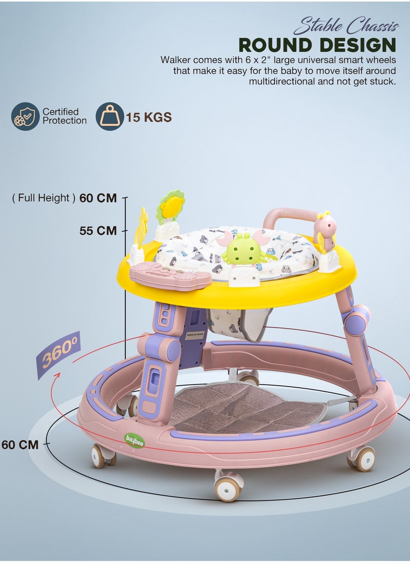2 in1 Push Baby Walker for Kids, Round Kids Walker with Push handle, 360 Rotatable Seat, Musical Toy Bar & Footmat | Kids Activity Walker | Push Walker for Baby Boy Girl 6 to 24 Months Pink