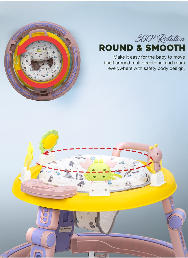 2 in1 Push Baby Walker for Kids, Round Kids Walker with Push handle, 360 Rotatable Seat, Musical Toy Bar & Footmat | Kids Activity Walker | Push Walker for Baby Boy Girl 6 to 24 Months Pink