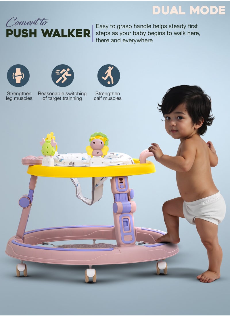 2 in1 Push Baby Walker for Kids, Round Kids Walker with Push handle, 360 Rotatable Seat, Musical Toy Bar & Footmat | Kids Activity Walker | Push Walker for Baby Boy Girl 6 to 24 Months Pink