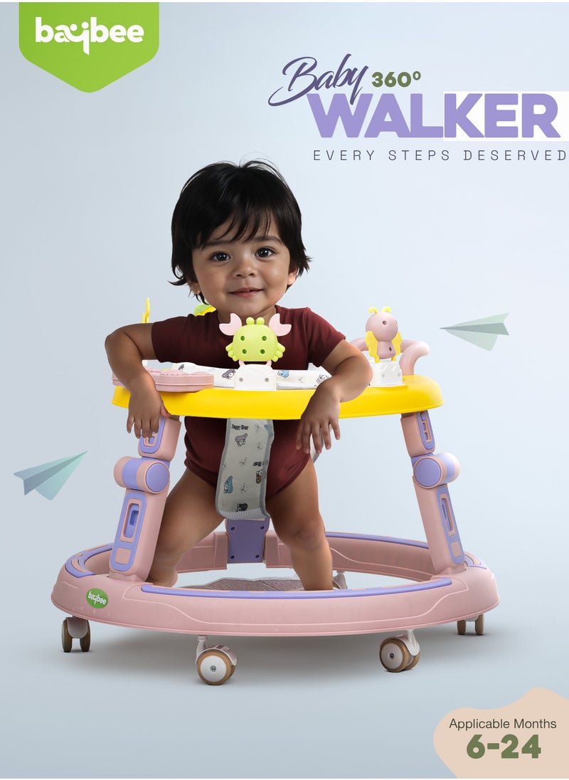 2 in1 Push Baby Walker for Kids, Round Kids Walker with Push handle, 360 Rotatable Seat, Musical Toy Bar & Footmat | Kids Activity Walker | Push Walker for Baby Boy Girl 6 to 24 Months Pink