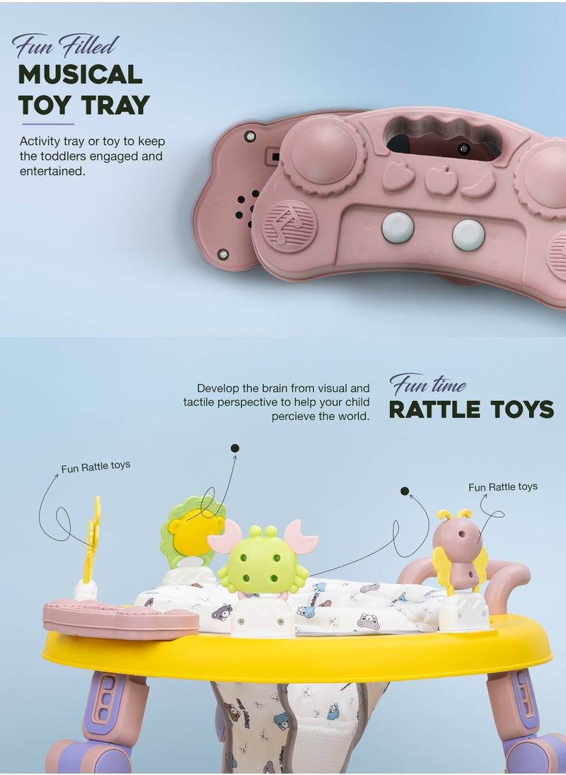 2 in1 Push Baby Walker for Kids, Round Kids Walker with Push handle, 360 Rotatable Seat, Musical Toy Bar & Footmat | Kids Activity Walker | Push Walker for Baby Boy Girl 6 to 24 Months Pink