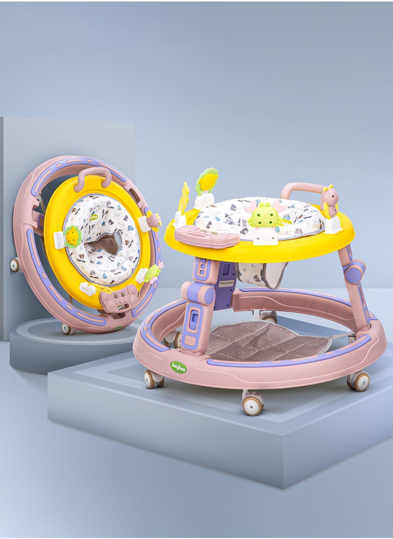2 in1 Push Baby Walker for Kids, Round Kids Walker with Push handle, 360 Rotatable Seat, Musical Toy Bar & Footmat | Kids Activity Walker | Push Walker for Baby Boy Girl 6 to 24 Months Pink