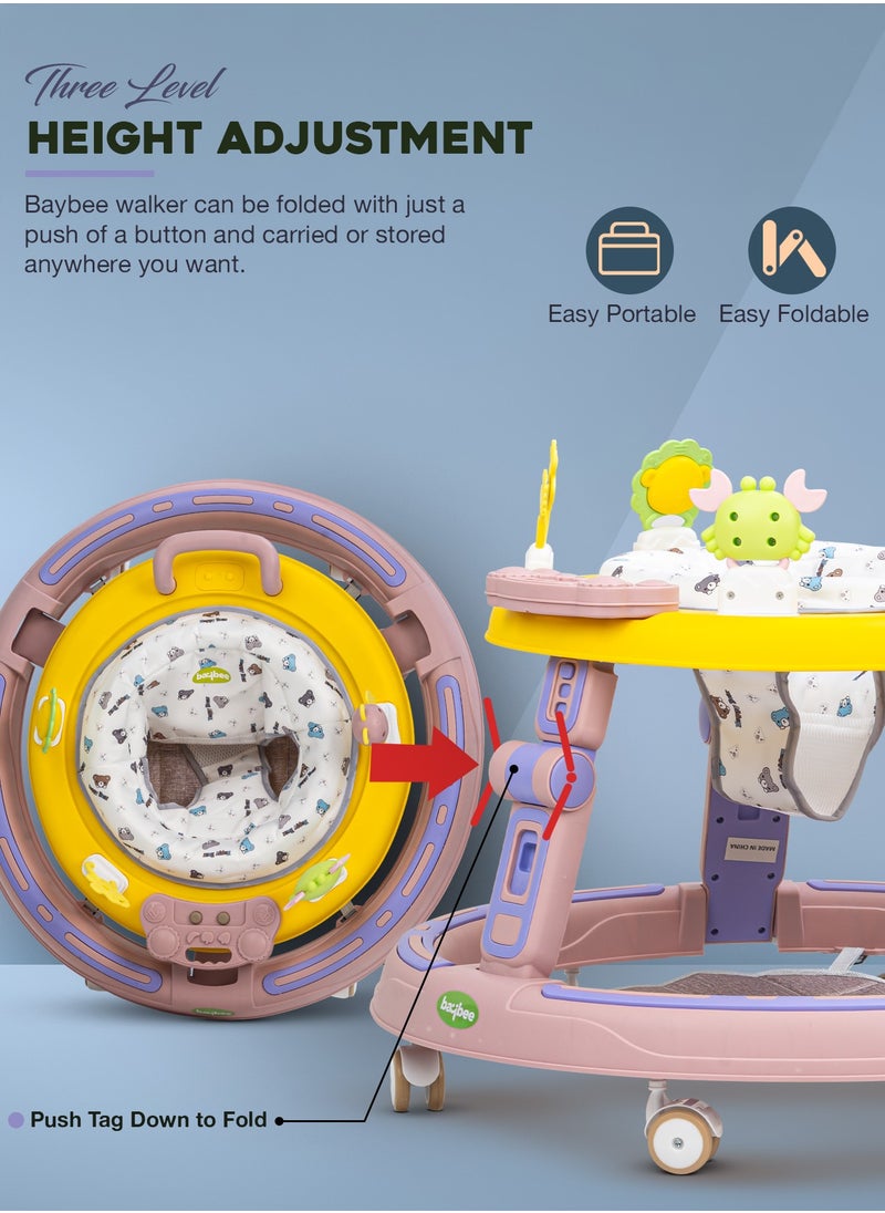 2 in1 Push Baby Walker for Kids, Round Kids Walker with Push handle, 360 Rotatable Seat, Musical Toy Bar & Footmat | Kids Activity Walker | Push Walker for Baby Boy Girl 6 to 24 Months Pink