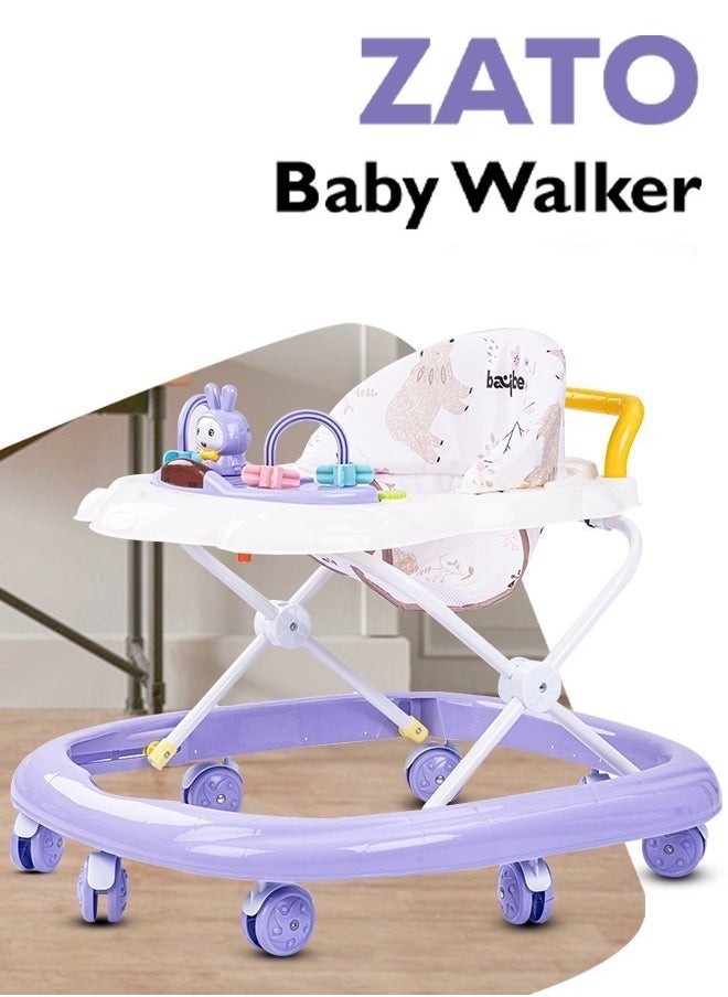 Zato Baby Walker for Kids, Foldable Kids Walker with 3 Position Adjustable Height & Musical Toy Bar Activity Walker for Toddlers Walker for Baby Boy Girl 6 to 18 Months Purple