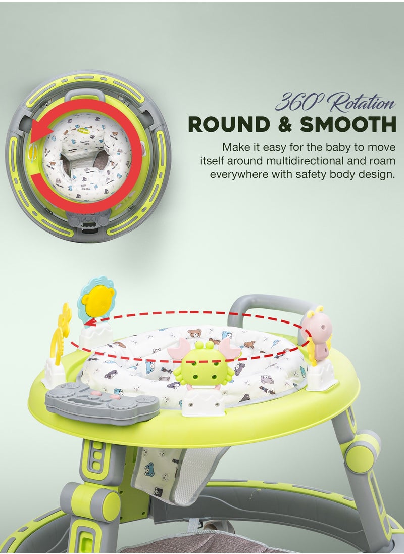 2 in1 Push Baby Walker for Kids, Round Kids Walker with Push handle, 360 Rotatable Seat, Musical Toy Bar & Footmat | Kids Activity Walker | Push Walker for Baby Boy Girl 6 to 24 Months Lite Green