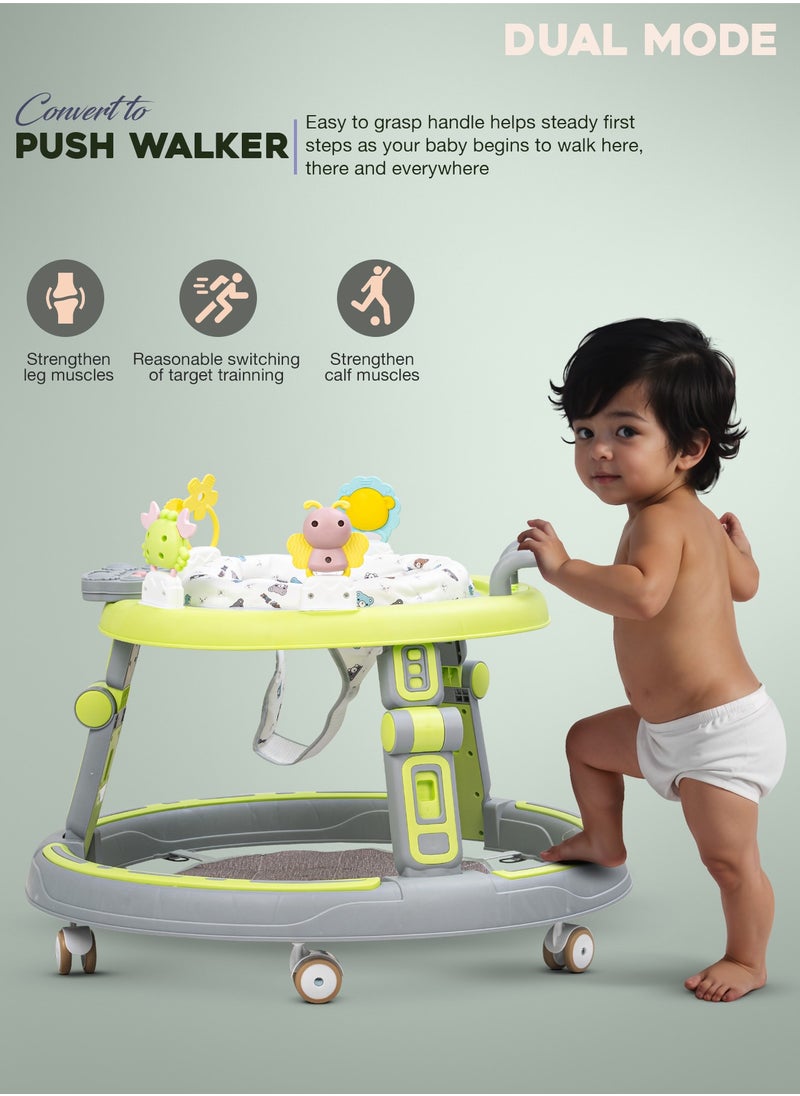 2 in1 Push Baby Walker for Kids, Round Kids Walker with Push handle, 360 Rotatable Seat, Musical Toy Bar & Footmat | Kids Activity Walker | Push Walker for Baby Boy Girl 6 to 24 Months Lite Green