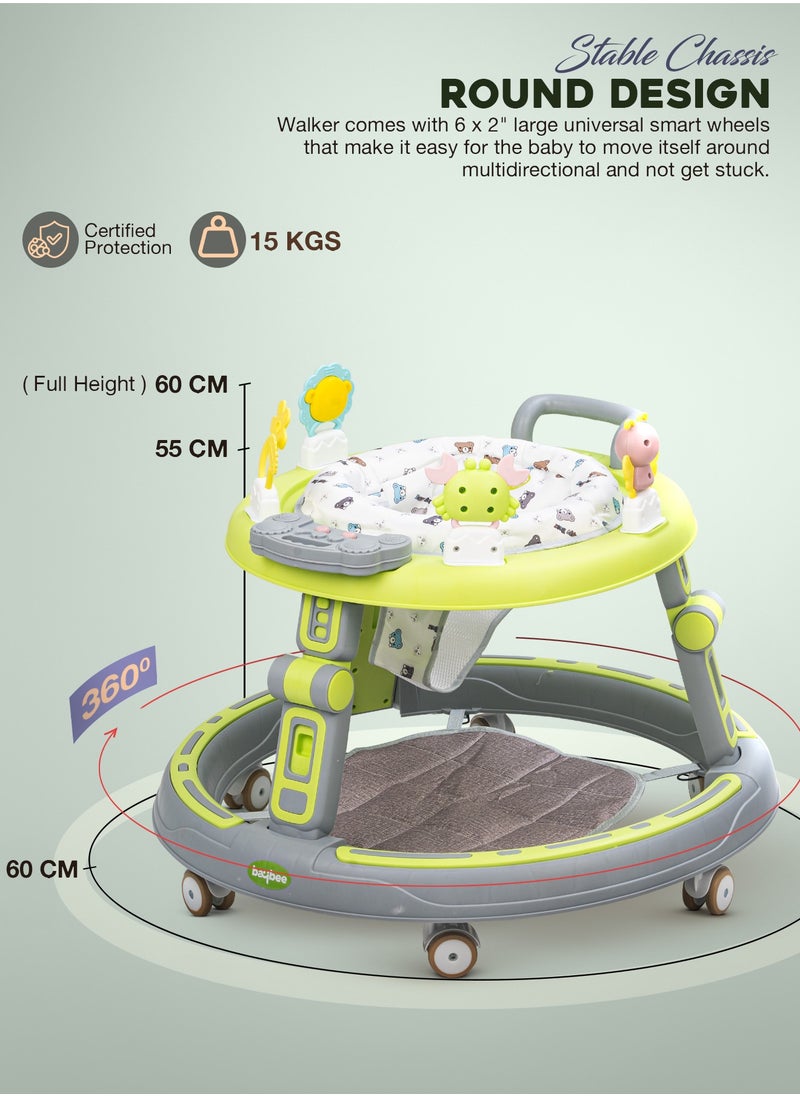 2 in1 Push Baby Walker for Kids, Round Kids Walker with Push handle, 360 Rotatable Seat, Musical Toy Bar & Footmat | Kids Activity Walker | Push Walker for Baby Boy Girl 6 to 24 Months Lite Green