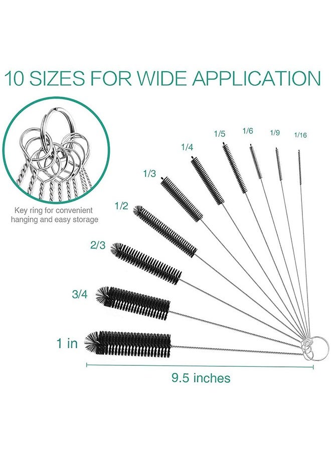 Cleaning Brush for Bottle Tube Nozzle, Stainless steel multi-purpose Nylon Pipe Drinking Straws Cleaning Brush Set for Jewelry, Keyboard , 10pcs Black