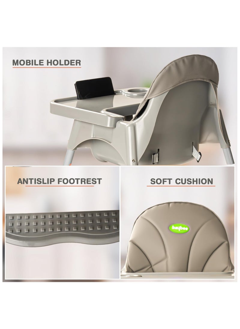 2 in 1 Clento Baby High Chair for Kids, Baby Feeding Chair With 2 Height Adjustable, Footrest, Tray, Stand, 3 Point Safety Belt, Kids High Chair For Baby 6 Months To 3 Years - Grey