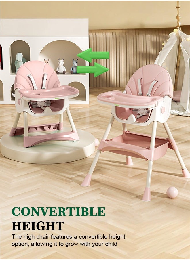 IRIS 3 in 1 Baby High Chair For Kids, Baby Feeding Chair Booster Seat With Rocker, Wheels, Storage, Recline - Pink