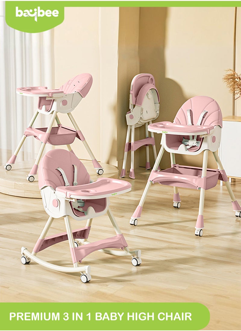 IRIS 3 in 1 Baby High Chair For Kids, Baby Feeding Chair Booster Seat With Rocker, Wheels, Storage, Recline - Pink