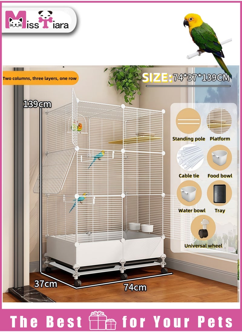 Bird Large Cage for Parakeets, Parrotlets, Cockatiels, Budgie Finch Lovebird Canary Pet Bird,Splash-proof food, Easy to install and clean，Accessories included Large space multiple birds fly freely 74*37*139cm White