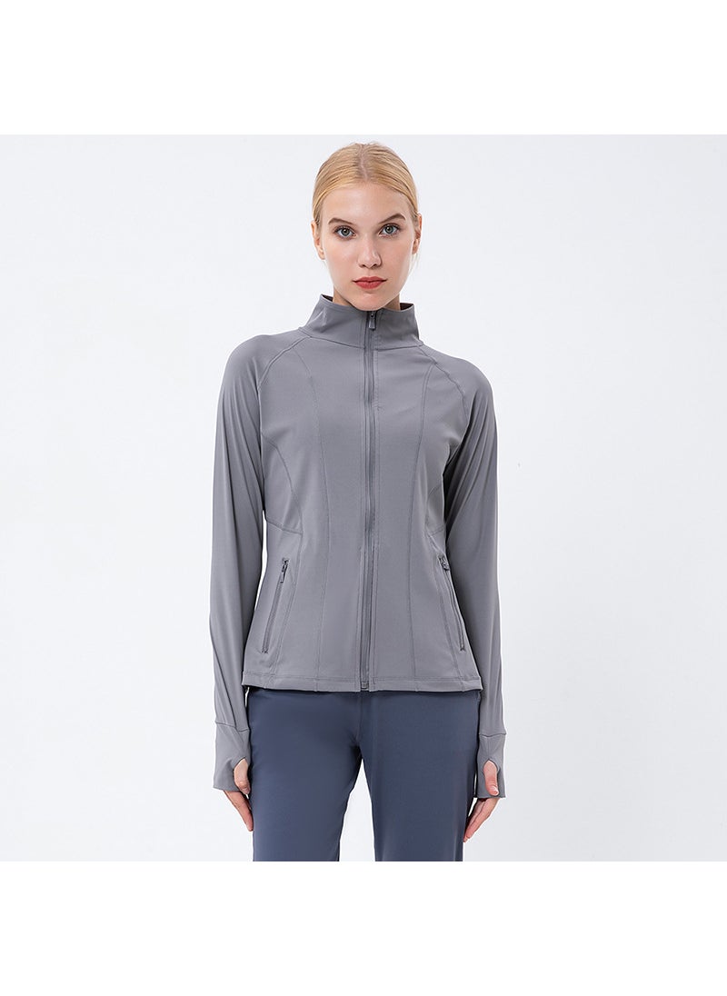 2023 spring new womens yoga clothes sports coat quick-drying stand collar long sleeve running coat fitness clothes cross-border Dark gray