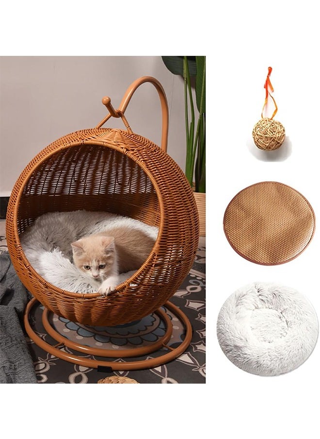 Handmade Wicker Cat Bed Elevated Pet House with Stand Imitation Rattan Pet Hanging Hammock Swing Bed Comfortable and breathable for Small Dogs and Cats with Plush Mat Cool Mat and Vine Ball