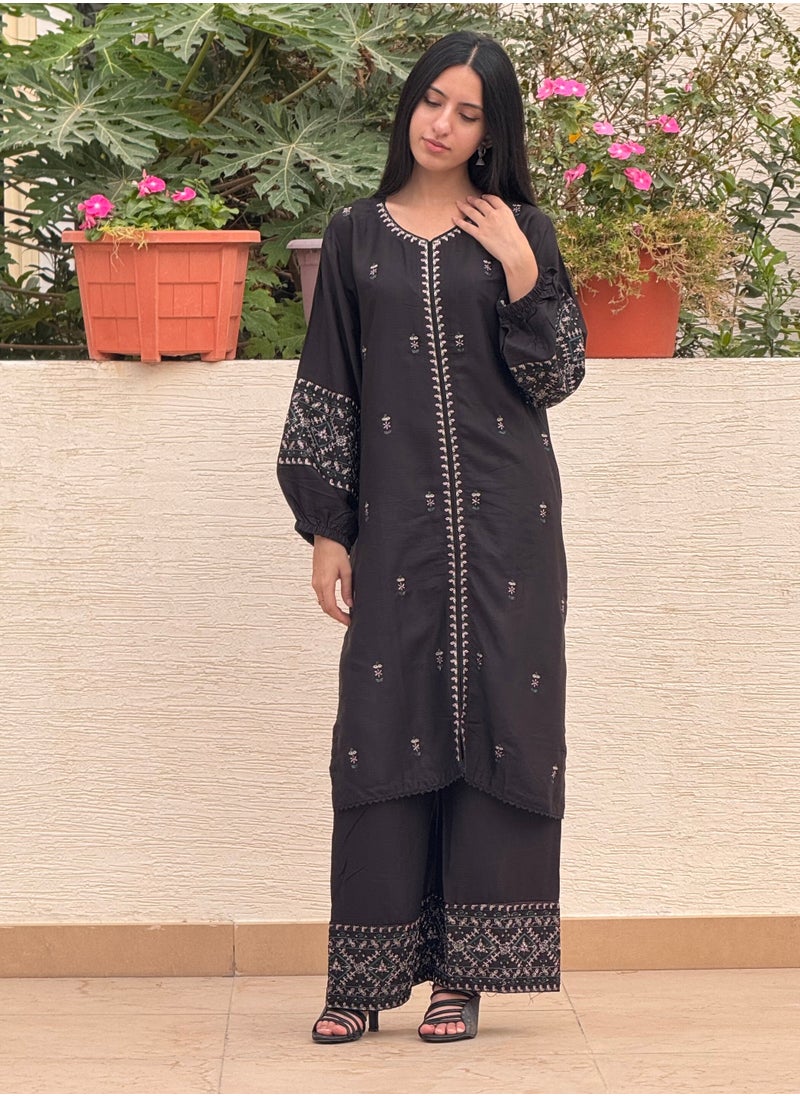 2-Piece Embroidered Silk Lawn Suit with Embroidered Trousers - Large Size