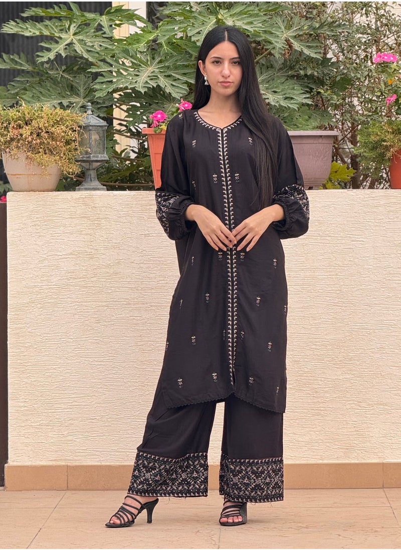 2-Piece Embroidered Silk Lawn Suit with Embroidered Trousers - Large Size