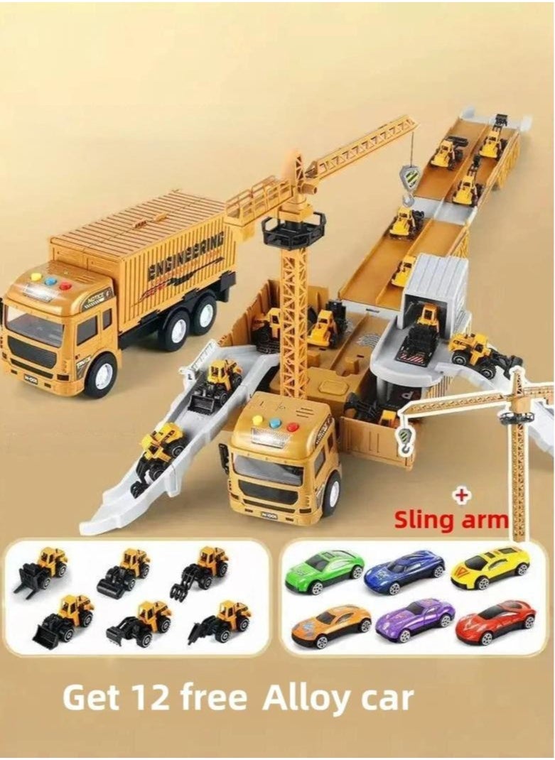 Ejection Engineering Vehicle,Container Truck,12 PCS Alloy Cars,Crane,Gifts For Children 3+Years