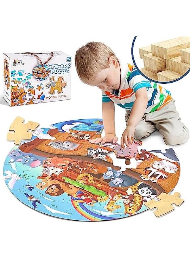 Toddlers Noah's-Ark Wooden Animal Puzzles, Kids Floor Puzzles for Ages 3-5, 4-8, Large 51 Pieces Round Jigsaw Puzzle Educational Toys, Birthday Gift for 6 7 Years Old Boys Girls Children