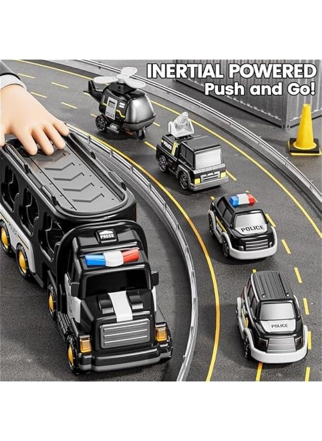 Police Truck Toy for 3 4 5 6 Years Old Boys - Carrier Vehicle Toy Set with 3 Small Cars and 1 Helicopter, Kids Firction Powered Car for Age 3-9, Gifts for Boys and Girls