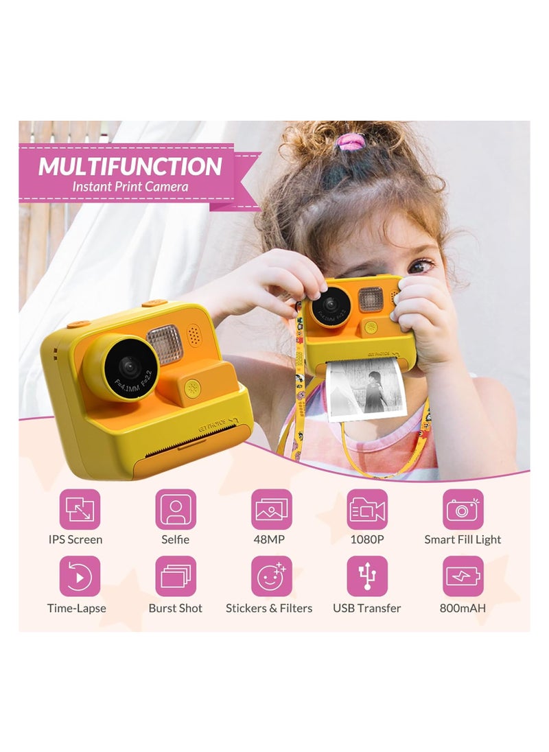 Kids Camera Instant Print, 48MP Digital Camera with Zero Ink, Selfie 1080P Video Camera with 32G TF Card, Toys Gifts for Girls Boys Aged 3-12 for /Birthday/Holiday (Orange)