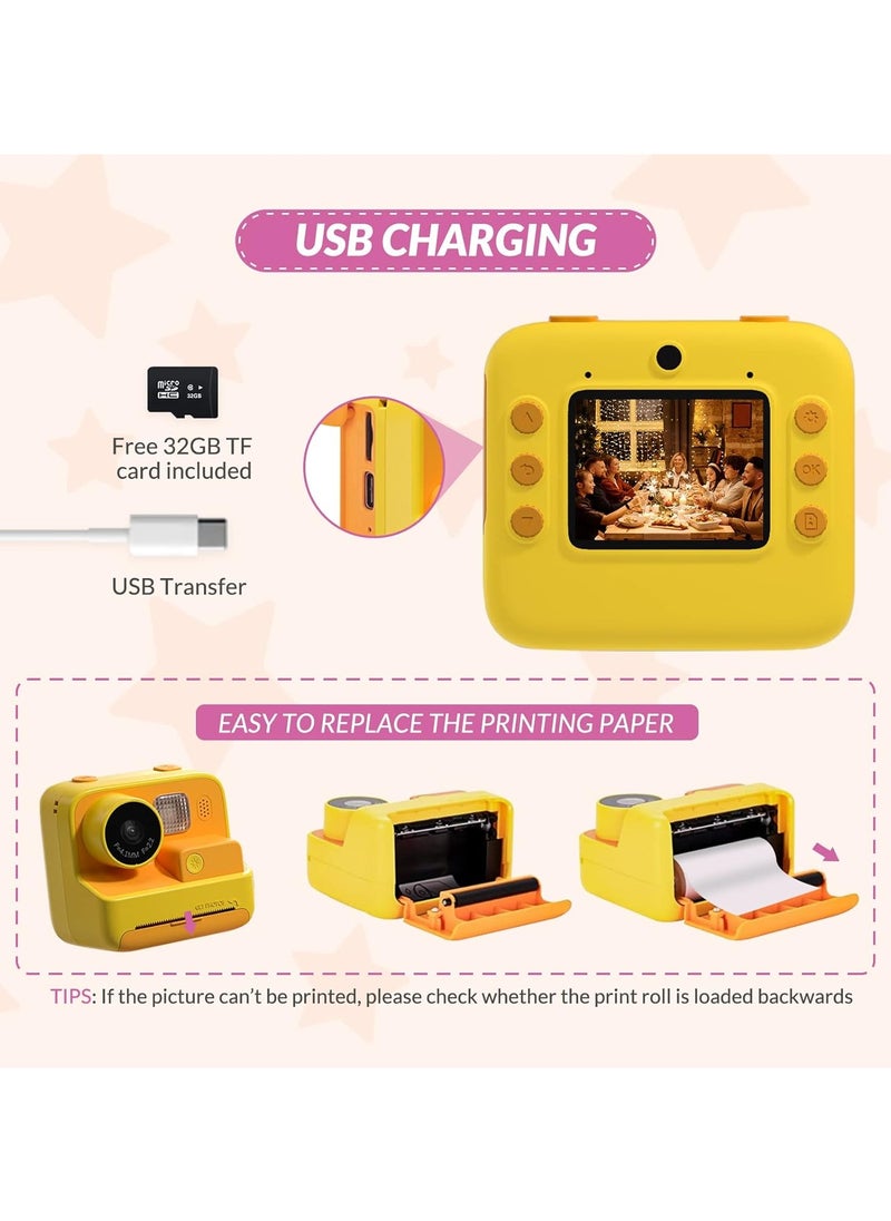 Kids Camera Instant Print, 48MP Digital Camera with Zero Ink, Selfie 1080P Video Camera with 32G TF Card, Toys Gifts for Girls Boys Aged 3-12 for /Birthday/Holiday (Orange)