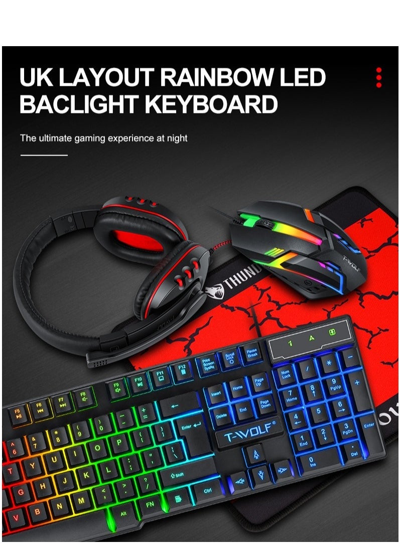 Game 4 IN 1 Set,Backlit Keyboard + Colorful Backlit Mouse + Large-Size Mousepad + Gaming Headset,Waterproof Rgb Color Suitable For Pc/Ps4/Xbox Gamers, Android Pubg Codm Genshin Diablo All Games