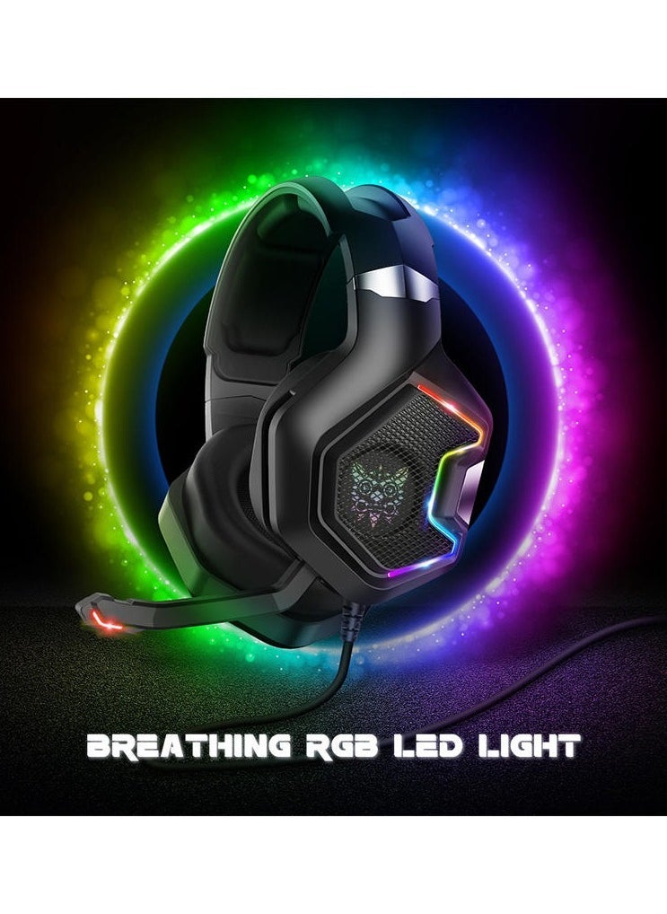 K10 Pro Gaming Headset with RGB Light – Surround Stereo Sound, Wired Headphones with Adjustable Mic, Comfortable Fit, Noise-Canceling, Compatible with PS4, Xbox One, PC, and Mobile Gaming