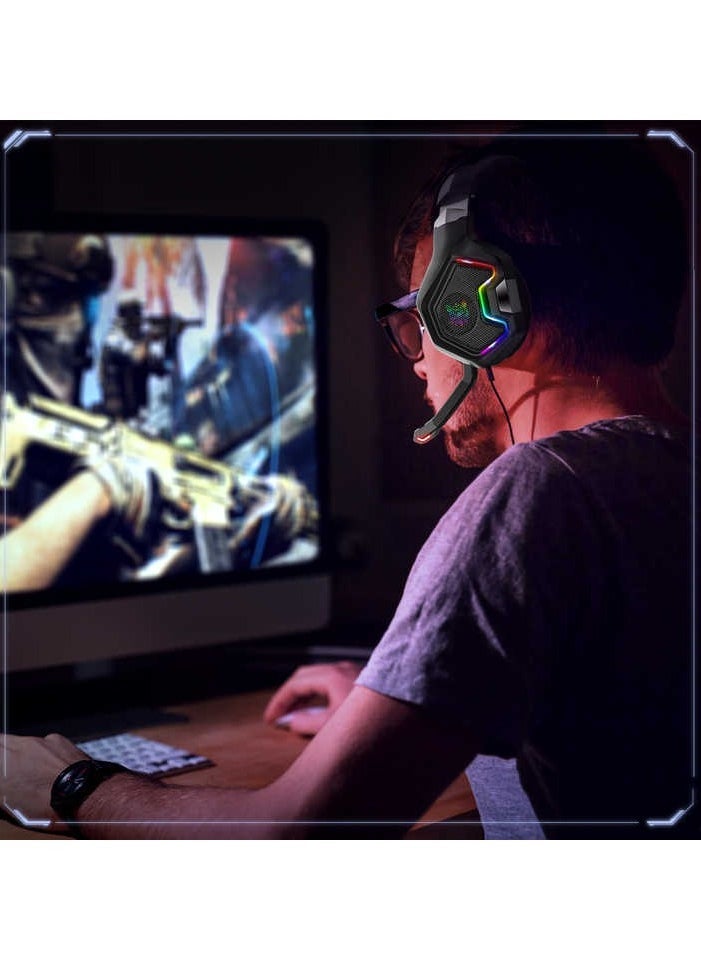 K10 Pro Gaming Headset with RGB Light – Surround Stereo Sound, Wired Headphones with Adjustable Mic, Comfortable Fit, Noise-Canceling, Compatible with PS4, Xbox One, PC, and Mobile Gaming