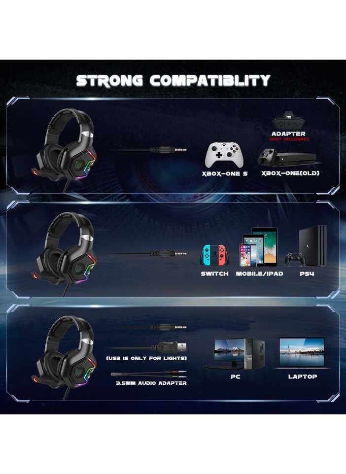 K10 Pro Gaming Headset with RGB Light – Surround Stereo Sound, Wired Headphones with Adjustable Mic, Comfortable Fit, Noise-Canceling, Compatible with PS4, Xbox One, PC, and Mobile Gaming