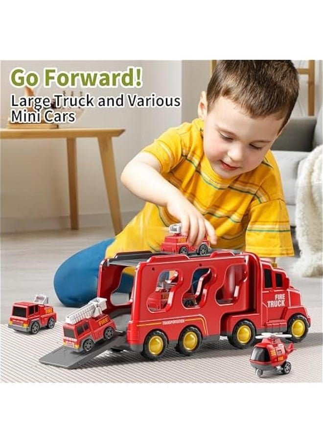 Truck Toys for 3 4 5 6 Years Old Boys, Toddler Car Toys for Toddler Boys Ages 3-5, Fire Toys Car Carrier Vehicle Toy Set, Kids Toys Truck Set for Age 3-9