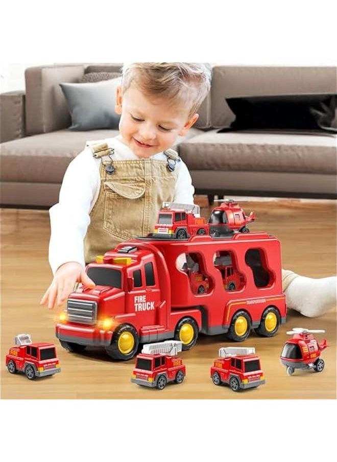 Truck Toys for 3 4 5 6 Years Old Boys, Toddler Car Toys for Toddler Boys Ages 3-5, Fire Toys Car Carrier Vehicle Toy Set, Kids Toys Truck Set for Age 3-9