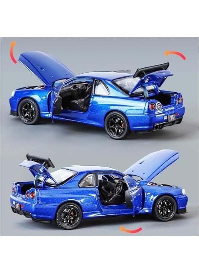 Toy Car Nissan Skyline GTR R34 Model car 1/32 Die-cast Toy Cars Metal Model Car Toys with Light and Sound Pull Back Collectible Model for Children Age 3 + Year Old Festival Gift(Blue)