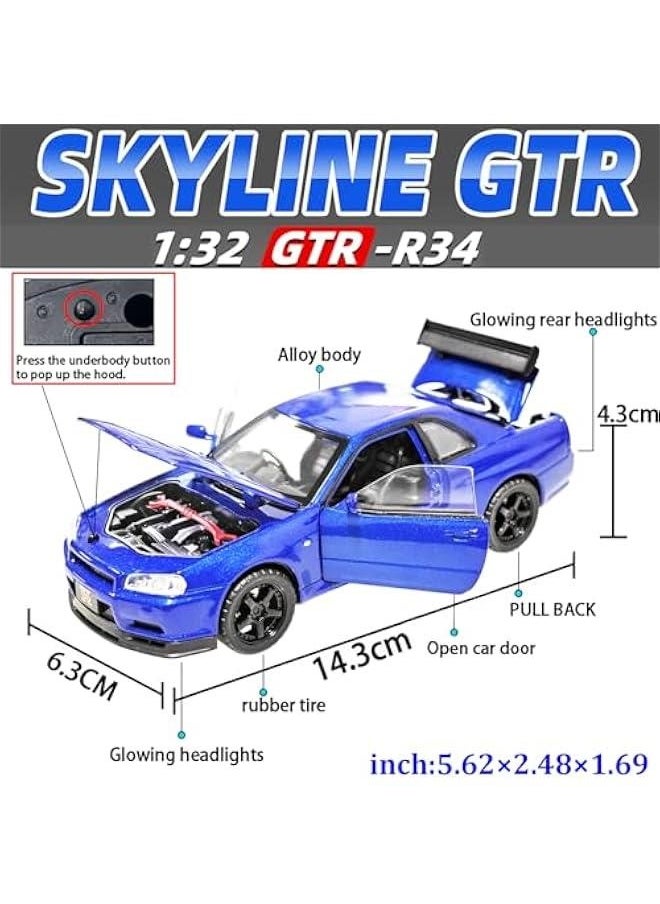 Toy Car Nissan Skyline GTR R34 Model car 1/32 Die-cast Toy Cars Metal Model Car Toys with Light and Sound Pull Back Collectible Model for Children Age 3 + Year Old Festival Gift(Blue)