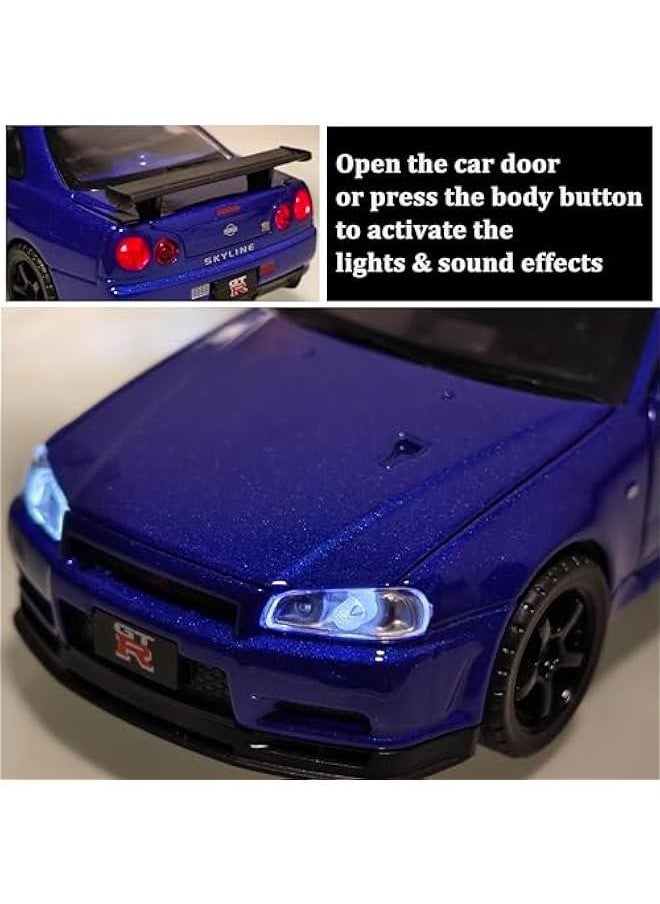 Toy Car Nissan Skyline GTR R34 Model car 1/32 Die-cast Toy Cars Metal Model Car Toys with Light and Sound Pull Back Collectible Model for Children Age 3 + Year Old Festival Gift(Blue)