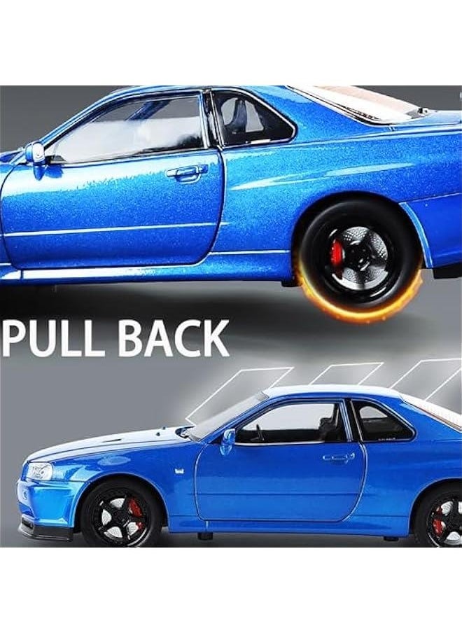 Toy Car Nissan Skyline GTR R34 Model car 1/32 Die-cast Toy Cars Metal Model Car Toys with Light and Sound Pull Back Collectible Model for Children Age 3 + Year Old Festival Gift(Blue)