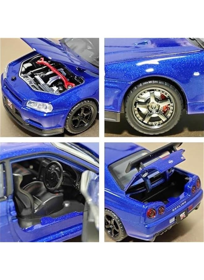 Toy Car Nissan Skyline GTR R34 Model car 1/32 Die-cast Toy Cars Metal Model Car Toys with Light and Sound Pull Back Collectible Model for Children Age 3 + Year Old Festival Gift(Blue)