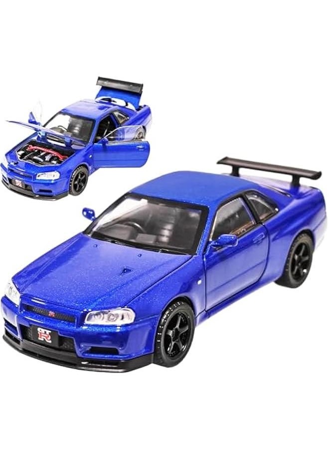 Toy Car Nissan Skyline GTR R34 Model car 1/32 Die-cast Toy Cars Metal Model Car Toys with Light and Sound Pull Back Collectible Model for Children Age 3 + Year Old Festival Gift(Blue)