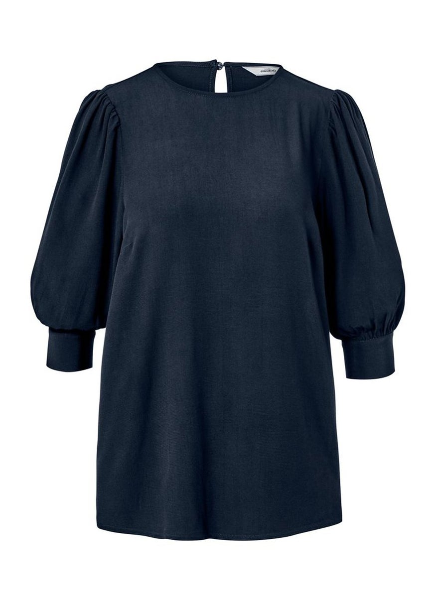 Women Round Neck 3/4 Sleeve Solid Top, Navy Blue