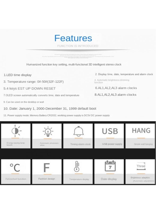 Intelligent 3D Clock Led Digital Alarm Clock Electronic Clock Living Room Wall Mounted Clock Indoor Temperature Clock