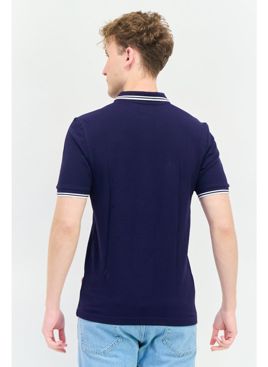 Men Regular Fit Textured Short Sleeves Polo Shirt, Navy