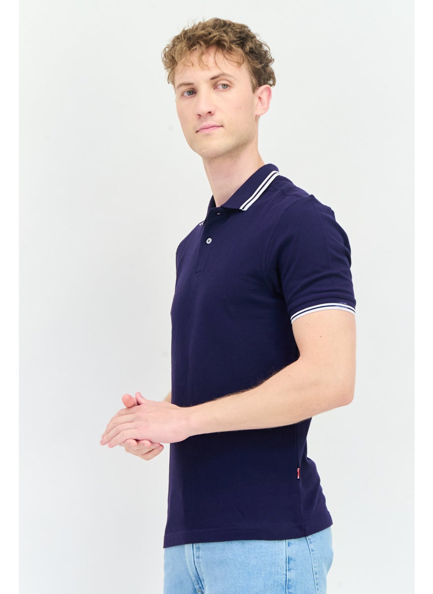Men Regular Fit Textured Short Sleeves Polo Shirt, Navy